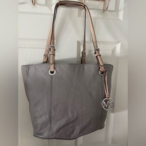 Michael Kors Gray Pebble Leather Tote with Tan Straps